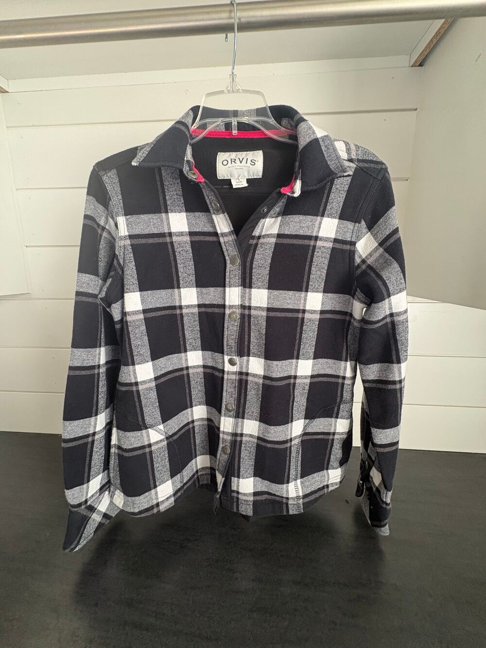 Laides Small Orvis black pink plaid flannel shirt jacket shacket